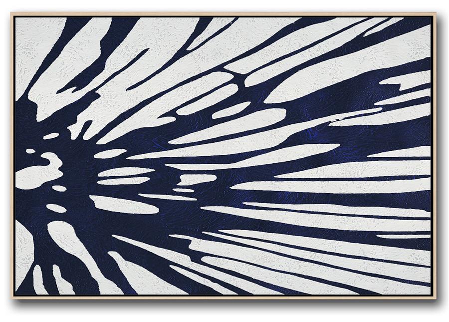 Acrylic Painting Large Wall Art,Horizontal Abstract Painting Navy Blue Minimalist Painting On Canvas,Acrylic Painting On Canvas